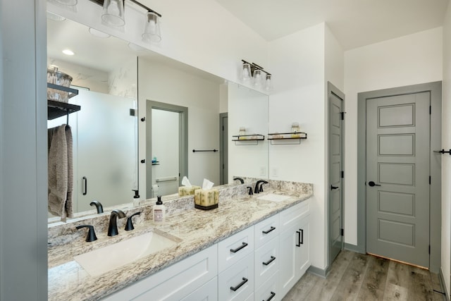 bathroom featuring hardwood / wood-style floors, a shower, and vanity