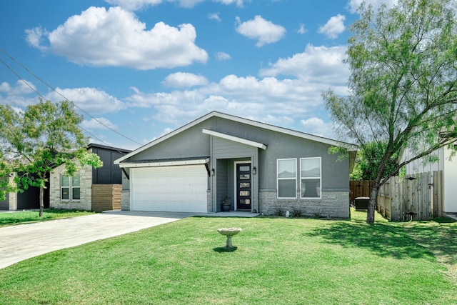 view of front of house with cooling unit, a front lawn, and a garage