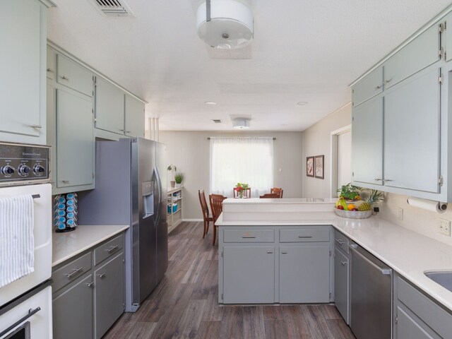 kitchen with kitchen peninsula, stainless steel appliances, and dark wood-type flooring