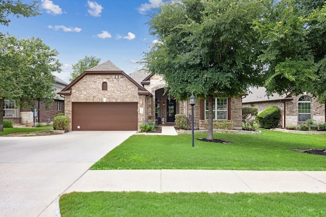 view of front of house featuring a garage and a front lawn