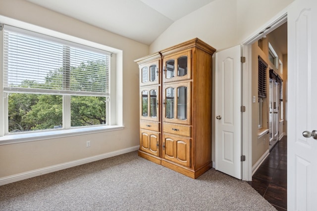 interior space with dark carpet and vaulted ceiling