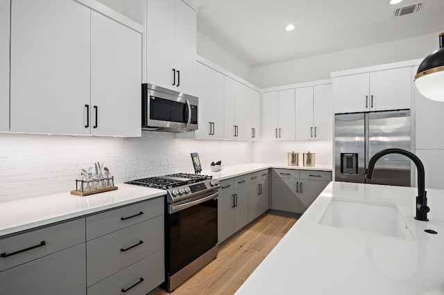 kitchen featuring decorative backsplash, gray cabinetry, stainless steel appliances, sink, and light hardwood / wood-style flooring