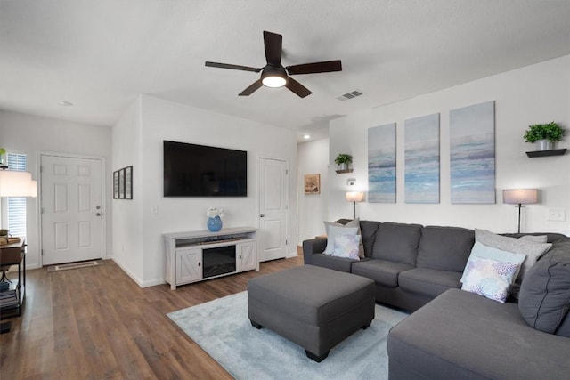 living room with ceiling fan and hardwood / wood-style flooring