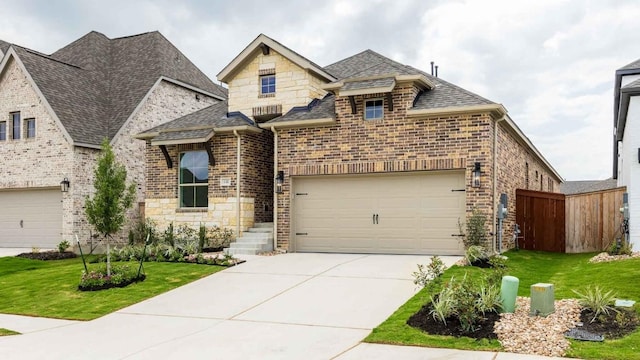 view of front of property featuring a garage and a front lawn