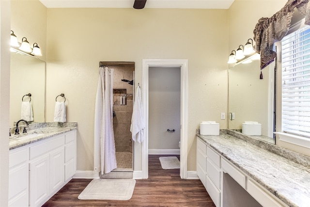 bathroom with toilet, wood-type flooring, vanity, and a shower with curtain