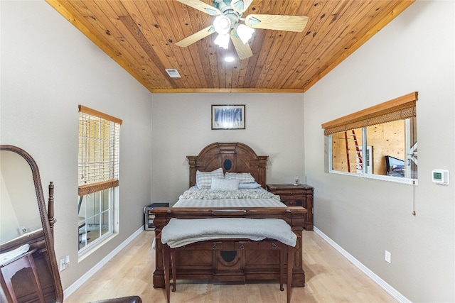 bedroom featuring ceiling fan, wood ceiling, light hardwood / wood-style floors, and crown molding