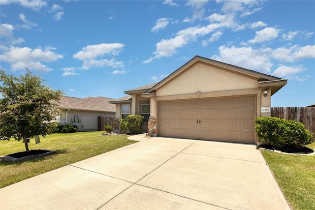 single story home featuring a front yard and a garage