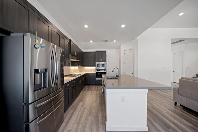 kitchen with stainless steel appliances, light hardwood / wood-style floors, sink, backsplash, and a center island with sink