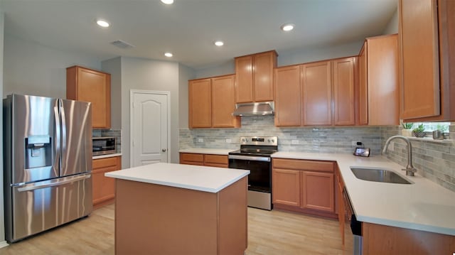 kitchen featuring stainless steel appliances, light wood-type flooring, backsplash, a center island, and sink