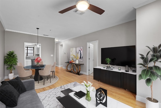 living room featuring light hardwood / wood-style floors and crown molding