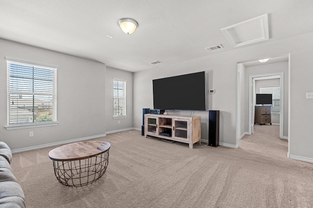 living room featuring light colored carpet