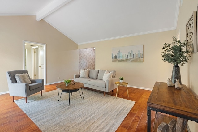 living room with ornamental molding, hardwood / wood-style flooring, and vaulted ceiling with beams