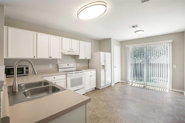 kitchen with sink, white cabinetry, and white appliances