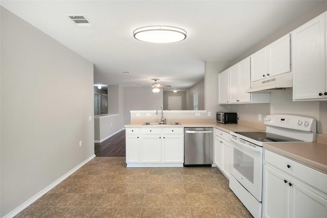 kitchen featuring sink, white cabinetry, ceiling fan, and stainless steel appliances