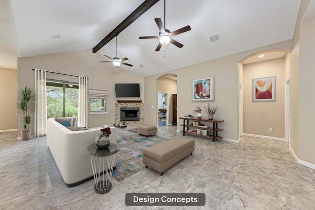 living room with beam ceiling, high vaulted ceiling, a stone fireplace, and ceiling fan