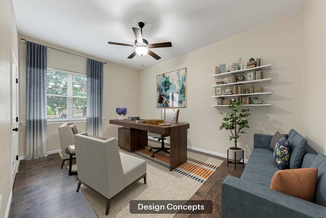 home office featuring ceiling fan and dark hardwood / wood-style flooring