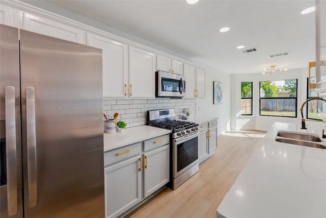 kitchen featuring appliances with stainless steel finishes, light wood-type flooring, tasteful backsplash, sink, and white cabinetry