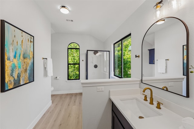 bathroom with hardwood / wood-style flooring, a healthy amount of sunlight, lofted ceiling, and walk in shower