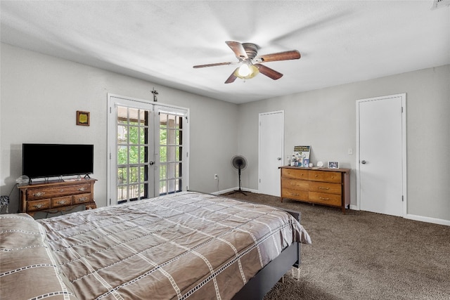 bedroom with ceiling fan, french doors, and carpet floors