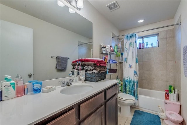 full bathroom with tile patterned floors, vanity, shower / bath combination with curtain, and toilet