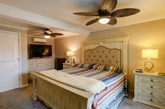 bedroom featuring light carpet, ceiling fan, and crown molding