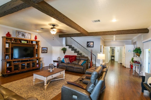 living room with hardwood / wood-style floors, ceiling fan, beam ceiling, and crown molding