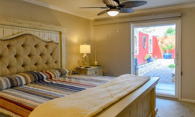 bedroom with ceiling fan, access to exterior, carpet floors, and crown molding