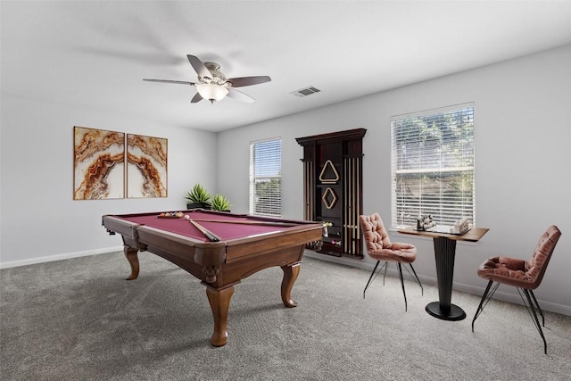 rec room featuring carpet, ceiling fan, and pool table