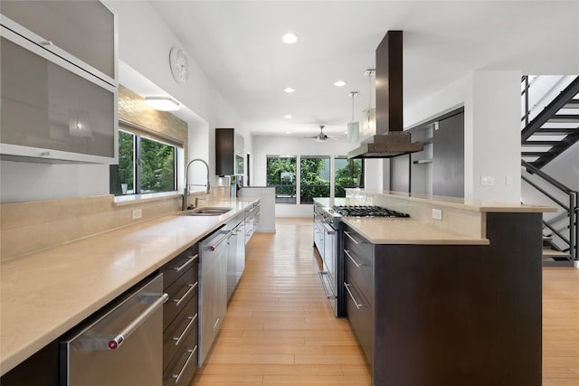 kitchen with sink, island range hood, stainless steel appliances, a breakfast bar, and light hardwood / wood-style floors