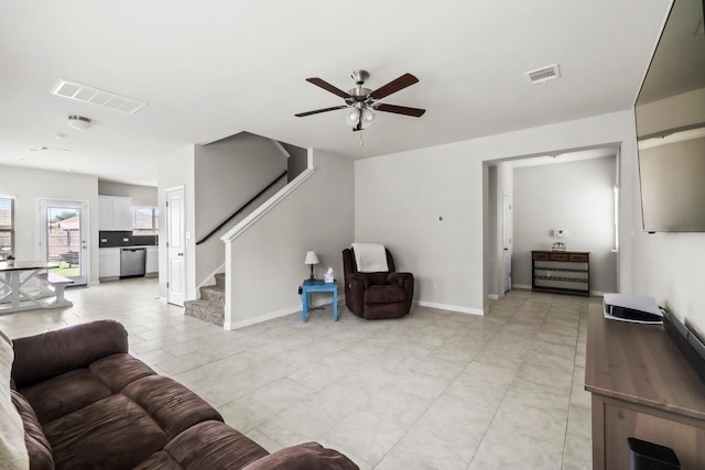 living room with ceiling fan