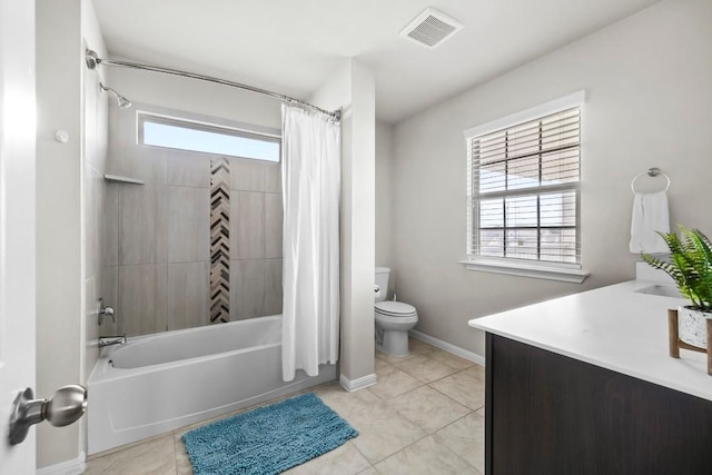 full bathroom with tile patterned floors, vanity, toilet, and shower / bathtub combination with curtain