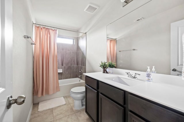 full bathroom featuring tile patterned flooring, vanity, shower / bath combination with curtain, and toilet