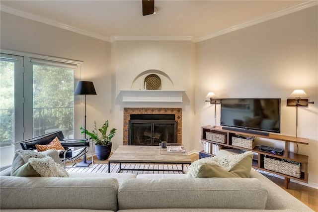 living room featuring crown molding, wood-type flooring, and a fireplace