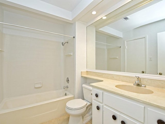 full bathroom with bathtub / shower combination, tile patterned floors, vanity, and toilet