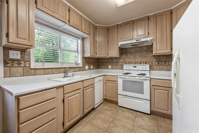 kitchen featuring light brown cabinets, backsplash, sink, white appliances, and light tile floors