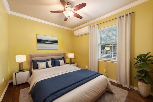 bedroom with a wall mounted AC, ornamental molding, ceiling fan, and dark hardwood / wood-style floors