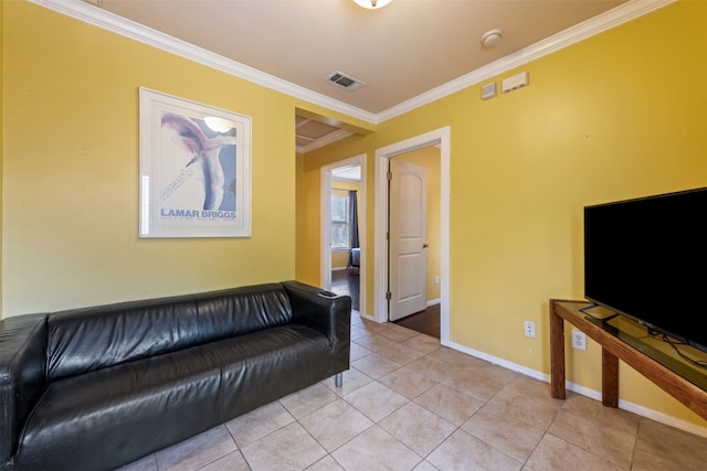 tiled living room featuring crown molding