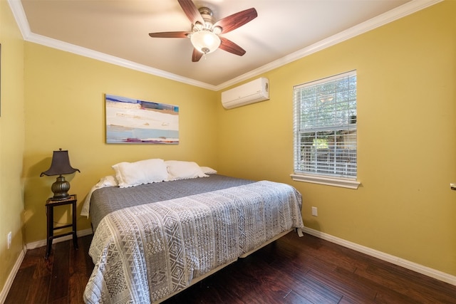 bedroom featuring crown molding, wood-type flooring, ceiling fan, and an AC wall unit