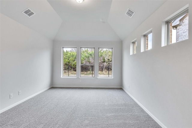 spare room with carpet flooring, a wealth of natural light, and lofted ceiling