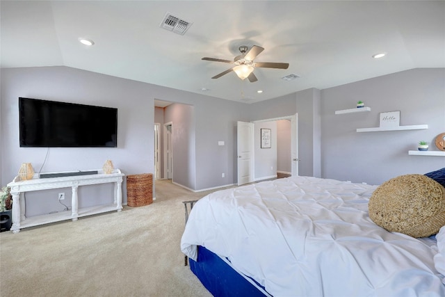 31451 Kingsway Rd, Georgetown, TX 78628 - bedroom with vaulted ceiling, carpet, recessed lighting, and ceiling fan