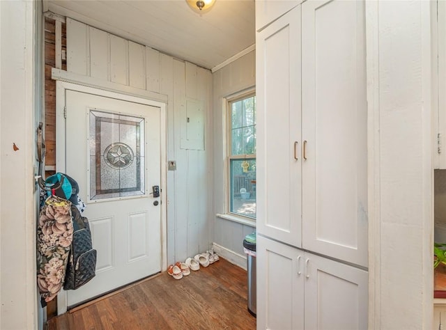 doorway to outside with dark hardwood / wood-style floors, crown molding, and wooden walls