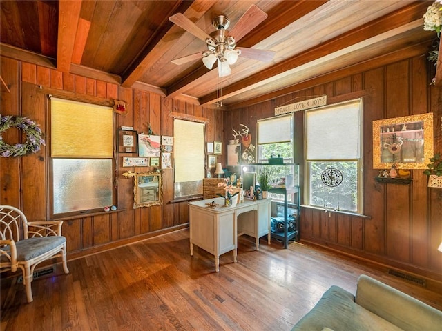 office area featuring wooden ceiling, wooden walls, ceiling fan, beamed ceiling, and wood-type flooring