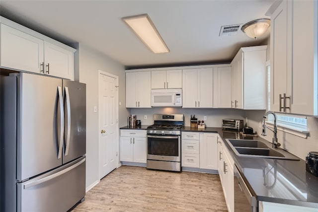 kitchen featuring white cabinets, stainless steel appliances, light hardwood / wood-style flooring, and sink