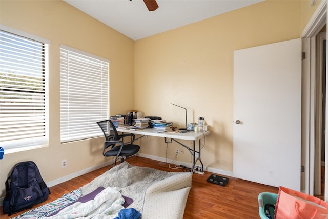 office space featuring ceiling fan and hardwood / wood-style floors