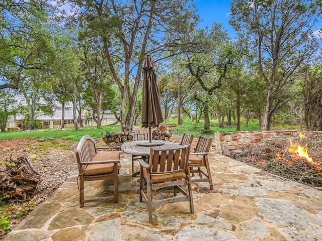 view of patio / terrace featuring a fire pit