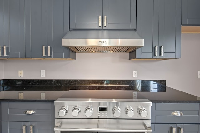 kitchen featuring range hood, stainless steel stove, and gray cabinetry