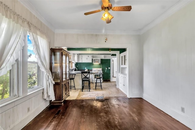 dining space with hardwood / wood-style floors, ceiling fan, sink, and crown molding