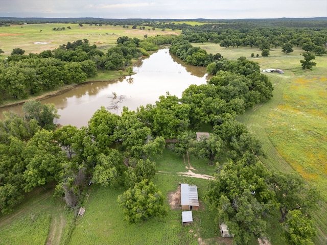 bird's eye view featuring a rural view and a water view