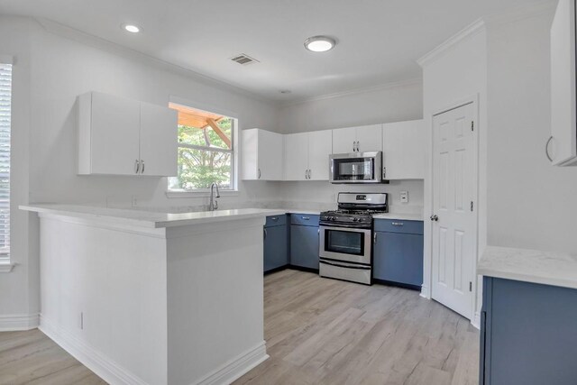 3917 Canyon Glen Cir, Austin, TX 78732 - kitchen with kitchen peninsula, appliances with stainless steel finishes, crown molding, light hardwood / wood-style floors, and white cabinetry