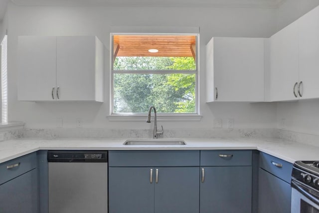 3917 Canyon Glen Cir, Austin, TX 78732 - kitchen with blue cabinets, sink, white cabinets, and appliances with stainless steel finishes